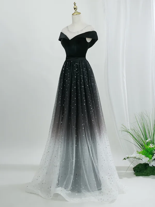 Bling Bling Black Star Sequins Prom Dresses 2026 A-Line / Princess Scoop Neck Short Sleeve Backless