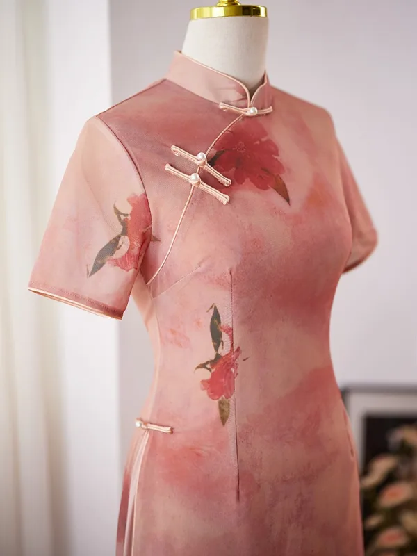 Chinese style Blushing Pink Printing Split Front Cheongsam 2024 Trumpet / Mermaid High Neck Short Sleeve Prom Floor-Length / Long