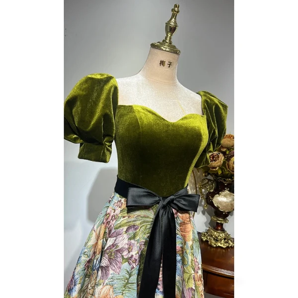 Elegant Clover Green Satin Printing Prom Dresses 2022 A-Line / Princess Square Neckline Puffy Short Sleeve Backless Pearl Sash Bow Floor-Length / Long Formal Dresses