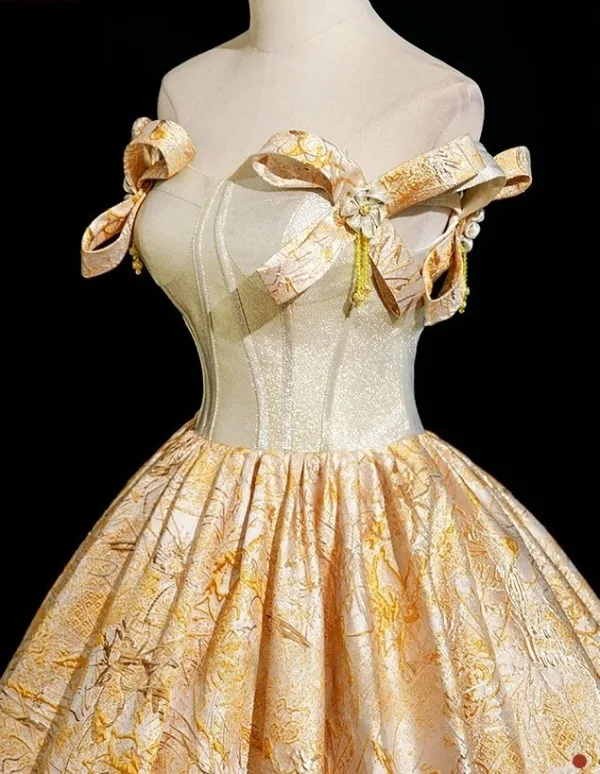 Elegant Gold Printing Prom Dresses 2025 A-Line / Princess Off-The-Shoulder Short Sleeve Backless Floor-Length / Long Formal Dresses
