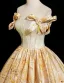 Elegant Gold Printing Prom Dresses 2025 A-Line / Princess Off-The-Shoulder Short Sleeve Backless Floor-Length / Long Formal Dresses