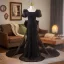Scintillantes Noire Perlage Paillettes Robe De Soirée 2025 Trompette / Sirène Encolure Carrée Gonflée Manches Courtes Dos Nu Noeud Longue Robe De Ceremonie
