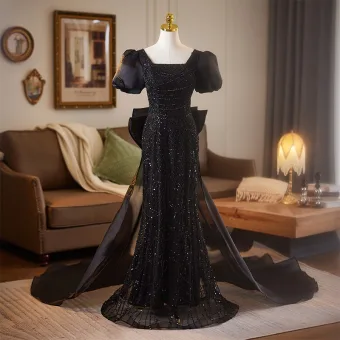 Sparkly Svart Beading Paljetter Selskapskjoler 2025 Trompet Havfrue Firkantet Hals Puffy Korte Ermer Ryggløse Sløyfe Lange Formelle Kjoler