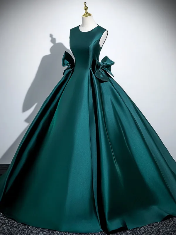 Vintage / Retro Dark Green Bow Satin Prom Dresses 2025 Ball Gown Scoop Neck Sleeveless Backless Floor-Length / Long Prom Formal Dresses
