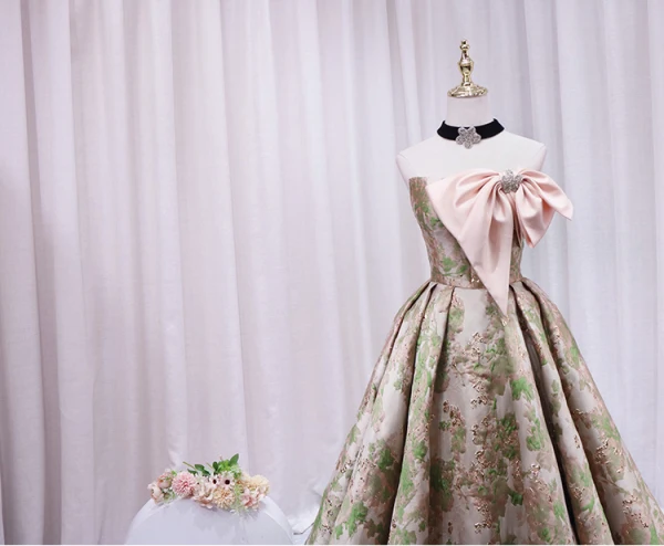 Fashion Blushing Pink Printing Prom Dresses 2024 A-Line / Princess Bow Strapless Sleeveless Backless Floor-Length / Long Prom Formal Dresses