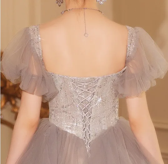 Charming Grey Beading Sequins Cascading Ruffles Prom Dresses 2024 Ball Gown Off-The-Shoulder Short Sleeve Backless Floor-Length / Long Prom Formal Dresses