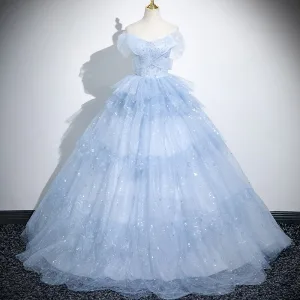 Bling Bling Sky Blue Glitter Sequins Prom Dresses 2025 Ball Gown Strapless Sleeveless Backless Floor Length Long Prom Formal Dresses