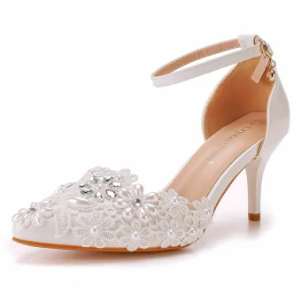Mooie Prachtige Witte Kant Bloem Parel Rhinestone Bruidsschoenen 2023 9 Cm Naaldhakken Stiletto Spitse Neus Huwelijk Hoge Hakken