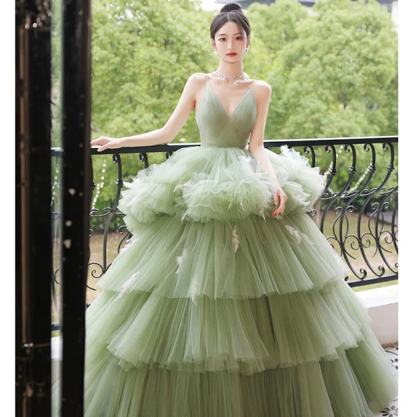Fashion Charming Sage Green Prom Dresses 2022 Ball Gown Spaghetti Straps Sleeveless Backless Cascading Ruffles Chapel Train Formal Dresses