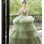 Fashion Charming Sage Green Prom Dresses 2022 Ball Gown Spaghetti Straps Sleeveless Backless Cascading Ruffles Chapel Train Formal Dresses