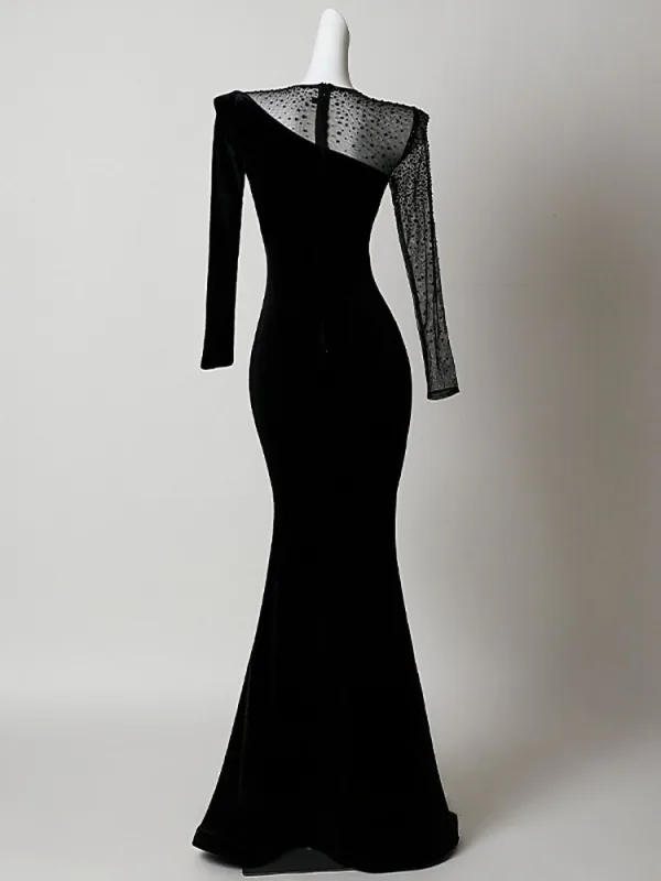 Sexy Black Beading Evening Dresses 2026 Trumpet / Mermaid Scoop Neck Long Sleeve Floor-Length / Long Formal Dresses