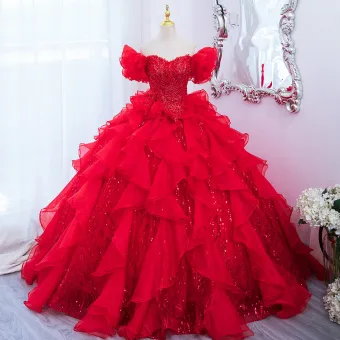 Chic Belle Rouge Perle Paillettes Volants En Cascade Robe De Bal 2024 Robe Boule De L Épaule Manches Courtes Dos Nu Longue Promo Robe De Ceremonie