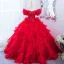Chic / Beautiful Red Pearl Sequins Cascading Ruffles Prom Dresses 2024 Ball Gown Off-The-Shoulder Short Sleeve Backless Floor-Length / Long Prom Formal Dresses
