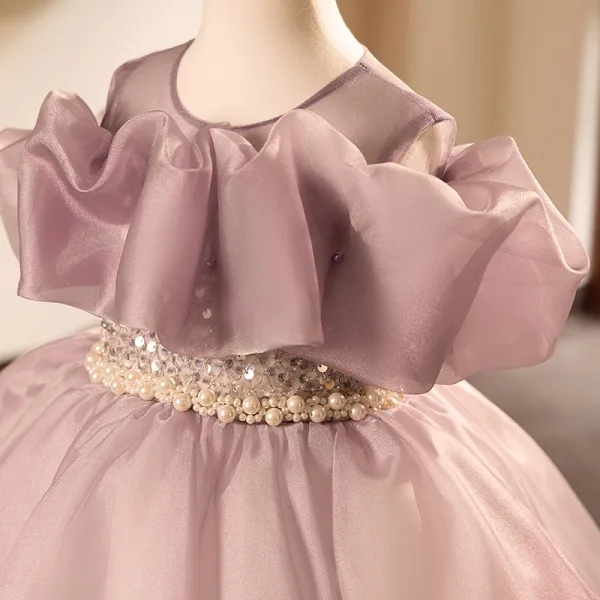 Chic / Beautiful Dusky Pink Beading Pearl Sequins Birthday Flower Girl Dresses 2024 Ball Gown Scoop Neck Ruffle Short Sleeve Backless Floor-Length / Long Flower Girl Dresses