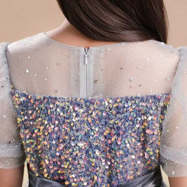 Sparkly Grey Star Sequins Prom Flower Girl Dresses 2022 A-Line / Princess Scoop Neck Short Sleeve Sash Bow Floor-Length / Long Flower Girl Dresses