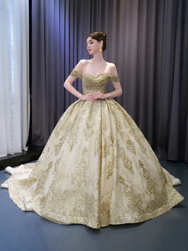 Luxury / Gorgeous Gold Beading Pearl Sequins Chapel Train Prom Dresses 2024 Off-The-Shoulder Sleeveless Backless Prom Formal Dresses