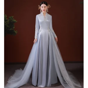 Chinese Style Grey Beading Rhinestone Sequins Prom Dresses 2022 A Line Princess Satin High Neck Long Sleeve Backless Floor Length Long Formal Dresses