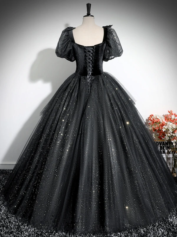 Elegante Schwarz Glanz Ballkleider 2024 Ballkleid Eckiger Ausschnitt Geschwollenes Kurze Ärmel Rückenfreies Lange Ball Festliche Kleider