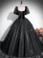Elegante Schwarz Glanz Ballkleider 2024 Ballkleid Eckiger Ausschnitt Geschwollenes Kurze Ärmel Rückenfreies Lange Ball Festliche Kleider