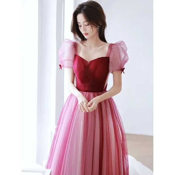 Chic / Beautiful Burgundy Prom Dresses 2022 A-Line / Princess Square Neckline Puffy Short Sleeve Backless Floor-Length / Long Formal Dresses