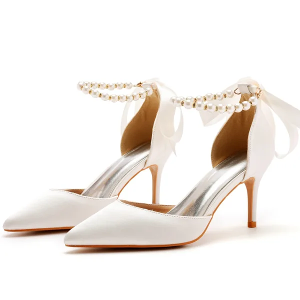 Charmant Noire Soirée Perle Bride Cheville Noeud Sandales Femme 2023 7 cm Talons Aiguilles À Bout Pointu Sandales Talons Hauts