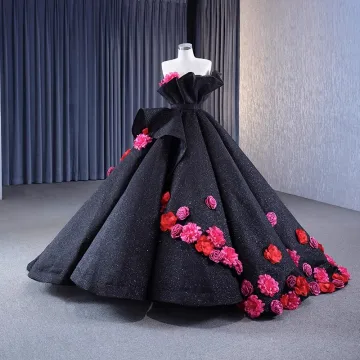High End Flower Fairy Black Appliques Sequins Prom Dresses 2023 Ball Gown Strapless Sleeveless Backless Sweep Train Prom Formal Dresses