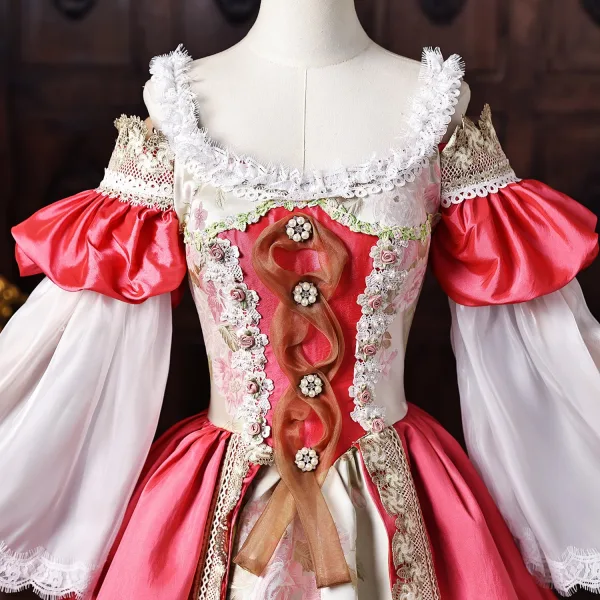 Vintage / Originale Médiévale Fushia En Dentelle Fleur Robe De Bal 2026 Robe Boule U-Cou Manches de cloche Dos Nu Longue Robe De Ceremonie