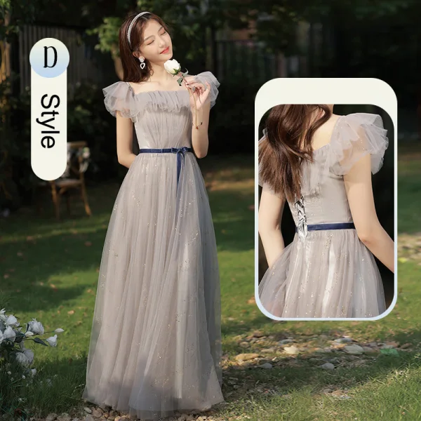 Modest / Simple Grey Bow Sash Bridesmaid Dresses 2023 A-Line / Princess Square Neckline Short Sleeve Floor-Length / Long Bridesmaid Dresses