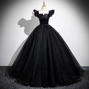Élégant Noire Glitter Robe De Bal 2025 Robe Boule Encolure Carrée Noeud Ceinture Mancherons Dos Nu Longue Promo Robe De Ceremonie