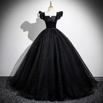 Elegant Black Glitter Prom Dresses 2025 Ball Gown Square Neckline Bow Sash Cap Sleeves Backless Floor Length Long Prom Formal Dresses