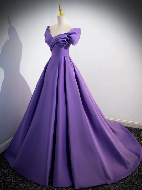 Elegant Grape Prom Dresses 2024 Ball Gown Off-The-Shoulder Short Sleeve Backless Sweep Train Prom Formal Dresses