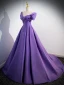 Elegant Grape Prom Dresses 2024 Ball Gown Off-The-Shoulder Short Sleeve Backless Sweep Train Prom Formal Dresses
