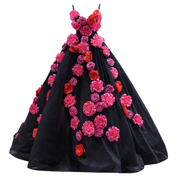 Fantaisie Appliques Noire Robe De Bal 2022 Robe Boule Bretelles Spaghetti Sans Manches Dos Nu Train De Balayage Robe De Ceremonie