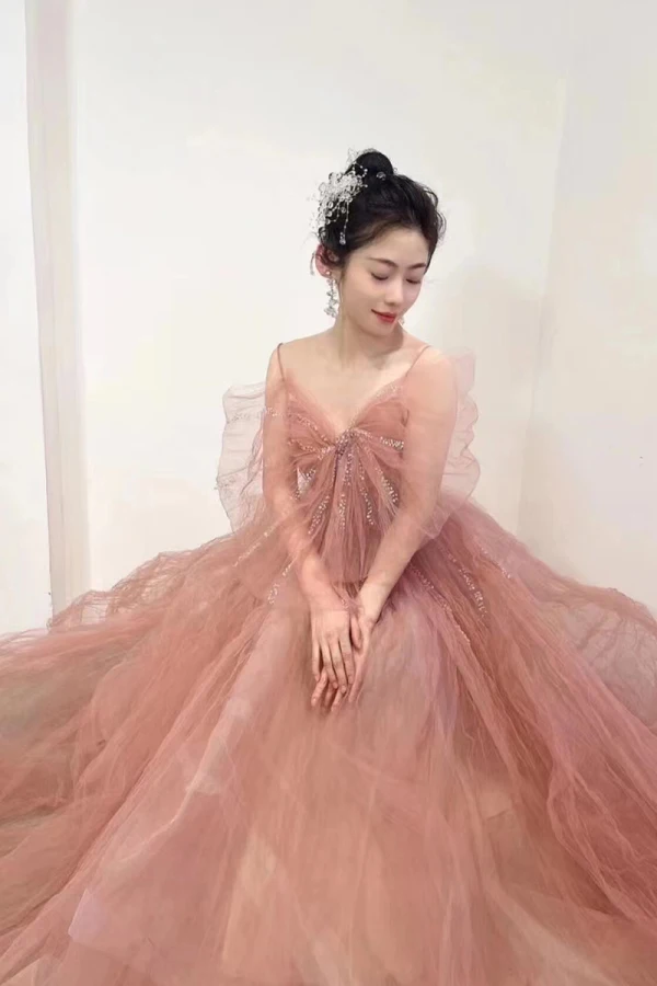 Charming Blushing Pink Beading Ruffle Evening Dresses 2023 A-Line / Princess Spaghetti Straps Bow Sleeveless Backless Evening Party Floor-Length / Long Formal Dresses