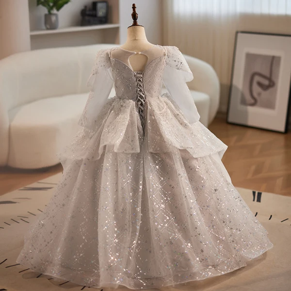 Vintage / Retro Grey Beading Pearl Sequins Cascading Ruffles Flower Girl Dresses 2024 Ball Gown Birthday Scoop Neck Long Sleeve Backless Floor-Length / Long
