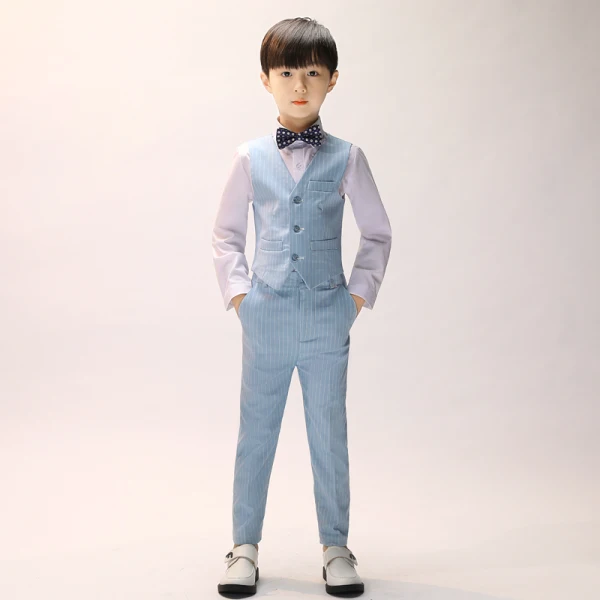 Sky Blue Stripe Long Sleeve Boys Wedding Suits 2022 Body Jewellery Coat Pants Shirt Tie Vest Wedding