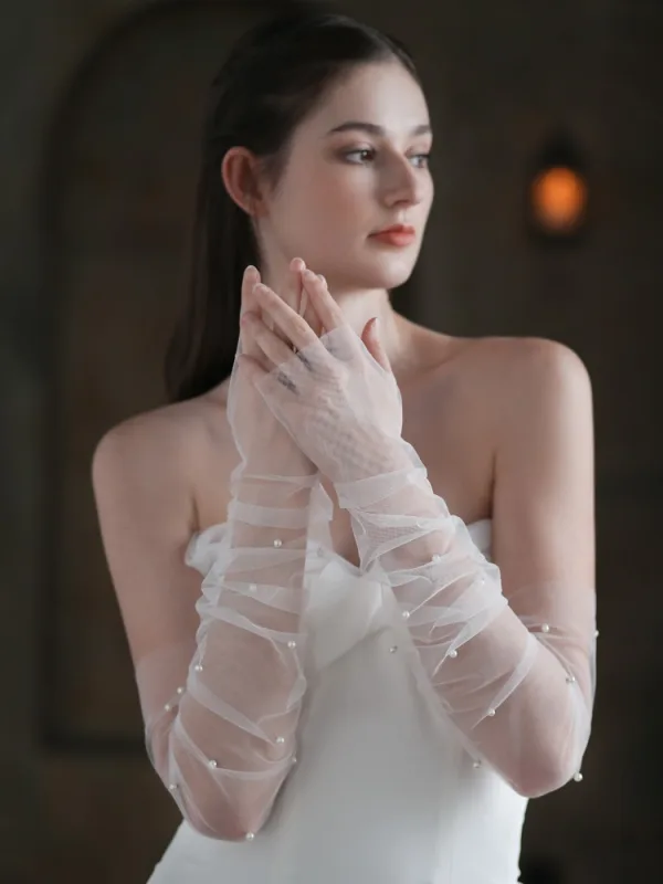 Chic / Belle Blanche Perle Tulle Mariage Gants Mariage 2025