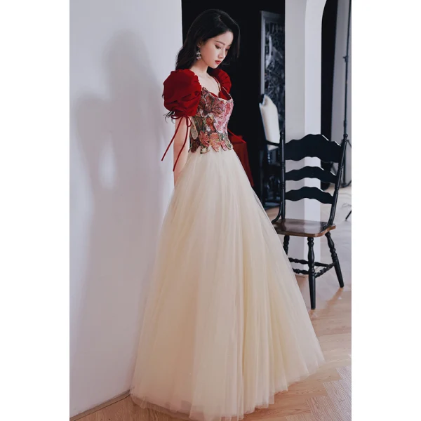 Vintage / Retro Burgundy Printing Prom Dresses 2022 A-Line / Princess Square Neckline Puffy Short Sleeve Backless Bow Floor-Length / Long Prom Formal Dresses
