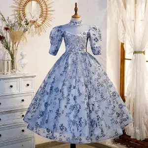 Chic Beautiful Sky Blue Glitter Sequins Beading Rhinestone Lace Flower Birthday Flower Girl Dresses 2022 A Line Princess High Neck Short Sleeve Backless Floor Length Long Flower Girl Dresses