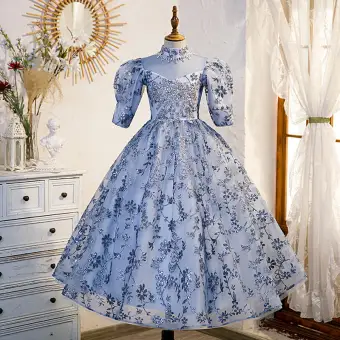 Chic Beautiful Sky Blue Glitter Sequins Beading Rhinestone Lace Flower Birthday Flower Girl Dresses 2022 A Line Princess High Neck Short Sleeve Backless Floor Length Long Flower Girl Dresses