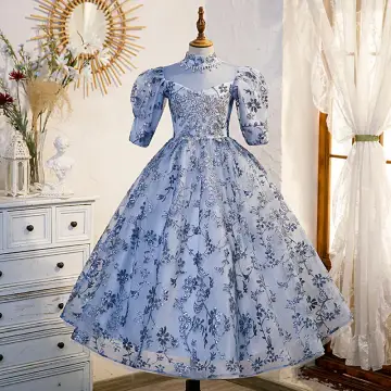 Chic Beautiful Sky Blue Glitter Sequins Beading Rhinestone Lace Flower Birthday Flower Girl Dresses 2022 A Line Princess High Neck Short Sleeve Backless Floor Length Long Flower Girl Dresses
