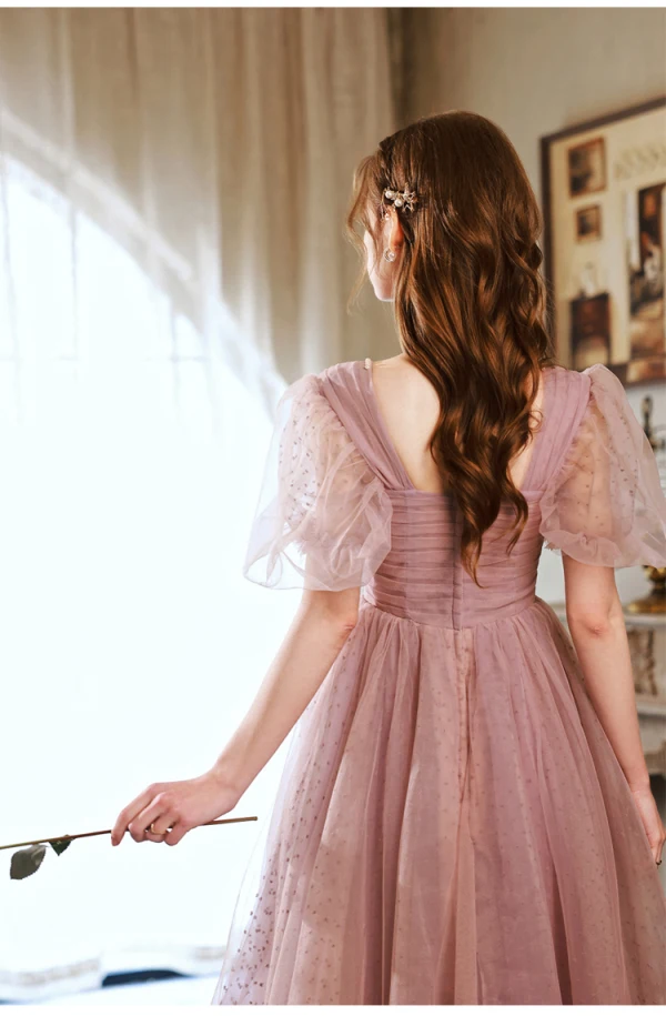 Modest / Simple Blushing Pink Pearl Prom Dresses 2022 A-Line / Princess Square Neckline Short Sleeve Backless Floor-Length / Long Formal Dresses