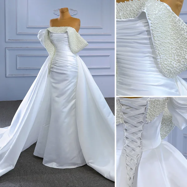 Haut de Gamme Blanche Fait main Perlage Perle Satin Robe De Mariée 2023 Trompette / Sirène De l'épaule Manches Courtes Dos Nu Royal Train Mariage