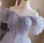 Chic / Beautiful Lavender Beading Appliques Prom Dresses 2024 A-Line / Princess Off-The-Shoulder Short Sleeve Backless Floor-Length / Long Tulle Prom Formal Dresses
