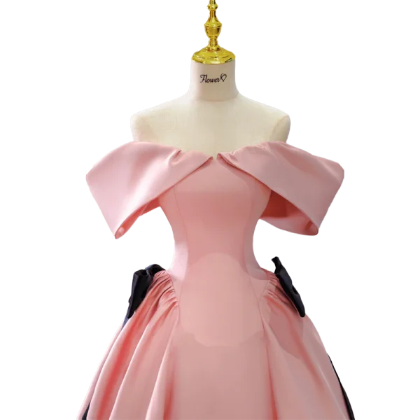 Elegant Candy Pink Satin Prom Dresses 2023 Ball Gown Off-The-Shoulder Short Sleeve Backless Bow Floor-Length / Long Prom Formal Dresses