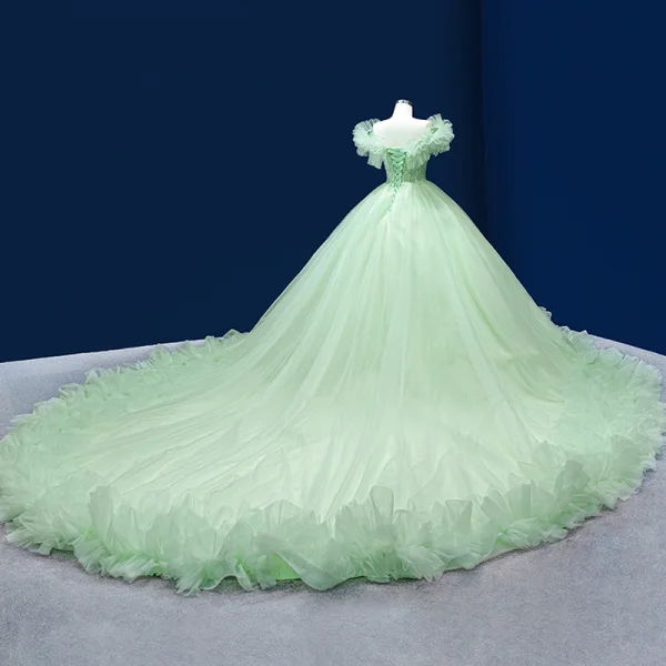 Luxe Vert Cendré Volants en Cascade Perlage Faux Diamant Paillettes Robe De Bal 2022 Robe Boule V-Cou Manches Courtes Dos Nu Royal Train Promo Robe De Ceremonie