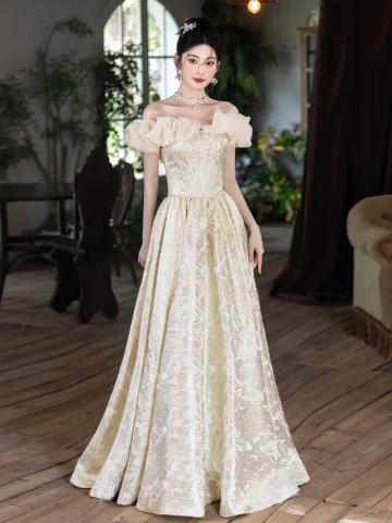 Charming Champagne Glitter Prom Dresses 2025 A Line Princess Ruffle Off The Shoulder Short Sleeve Backless Floor Length Long Formal Dresses
