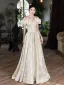 Charming Champagne Glitter Prom Dresses 2025 A-Line / Princess Ruffle Off-The-Shoulder Short Sleeve Backless Floor-Length / Long Formal Dresses