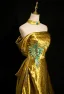 Unique Gold Spitze Blumen Satin Ballkleider 2024 A Linie Off Shoulder Kurze Ärmel Rückenfreies Sweep / Pinsel Zug Ball Festliche Kleider