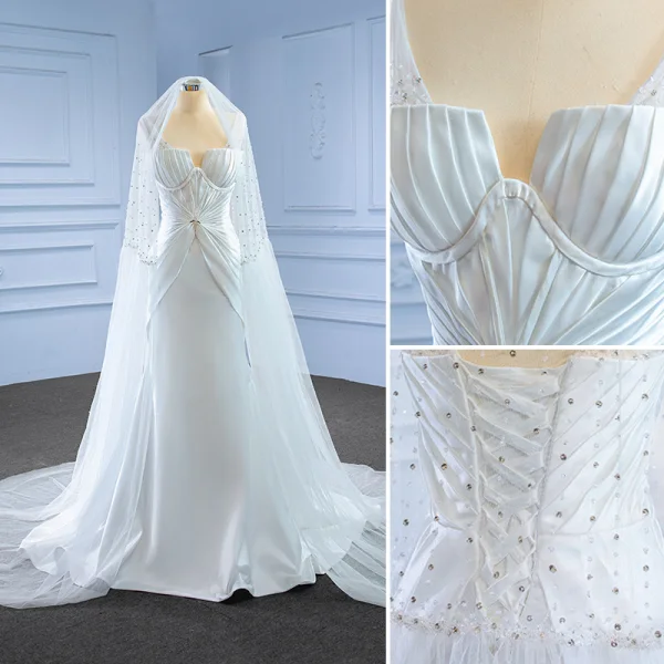 Haut de Gamme Ivoire Satin Paillettes Robe De Mariée 2022 Trompette / Sirène V-Cou Sans Manches Dos Nu Train De Balayage Mariage